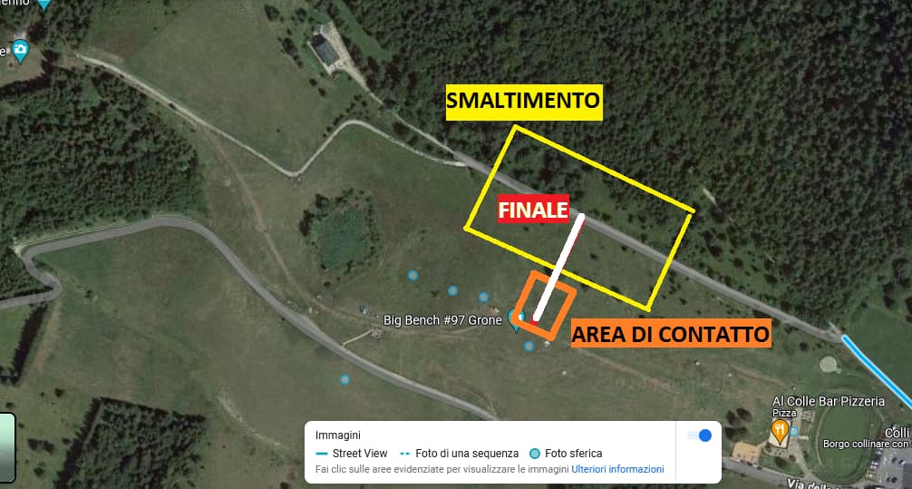 Vista satellitare dell’area di top-landing, presso la Big Bench #97. Procedendo da nord-est verso sud-ovest: un quadrilatero giallo marcato «smaltimento», una barra bianca marcata «finale» che lo attraversa in diagonale, e un rettangolo arancione marcato «area di contatto».